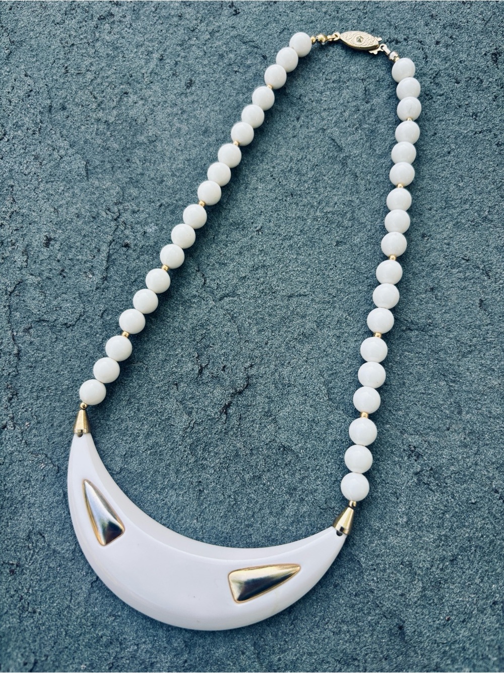 Vintage Gold Accent White Crescent Bead Statement Necklace